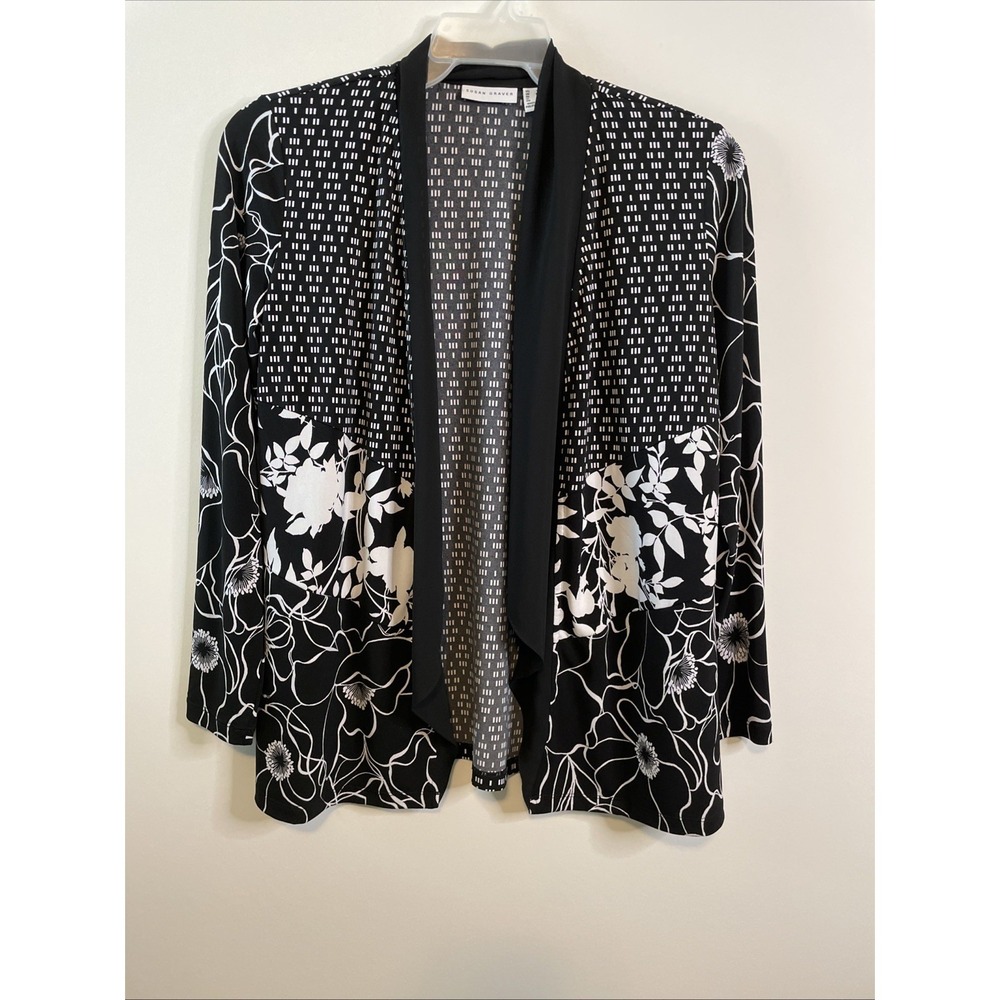Susan Graver Small Black White Floral Open Front Cardigan Top Career